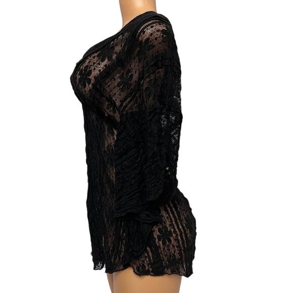 Solitaire Women's Black Sheath Blouse Knit V Neck Butterfly Sleeves Stretch - Picture 3 of 10